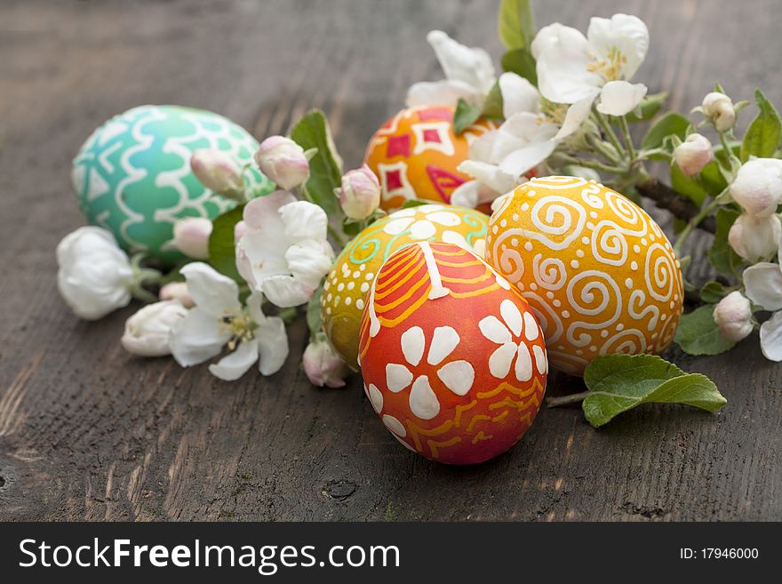 Easter eggs  and  springs flowers