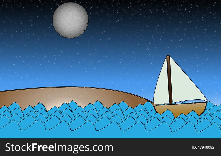 Moonlit Beach And Ocean With Sailboat