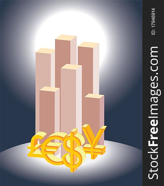 Main world currency symbols and finance building silhouettes. Vector EPS file. Main world currency symbols and finance building silhouettes. Vector EPS file.