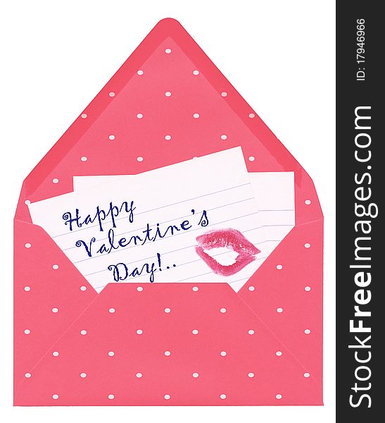 Love letter Happy Valentine's day with lipstick kiss mark in vintage pink dappled envelope