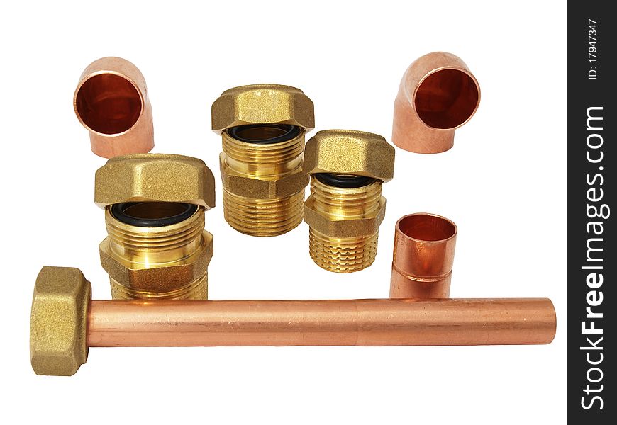 Installation fittings made of brass on pure white background