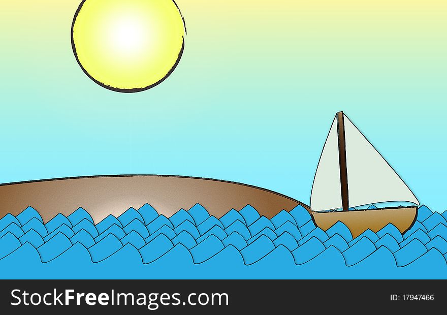 Storybook looking vector illustration of a sailboat in the ocean and a small nearby beach. Storybook looking vector illustration of a sailboat in the ocean and a small nearby beach.