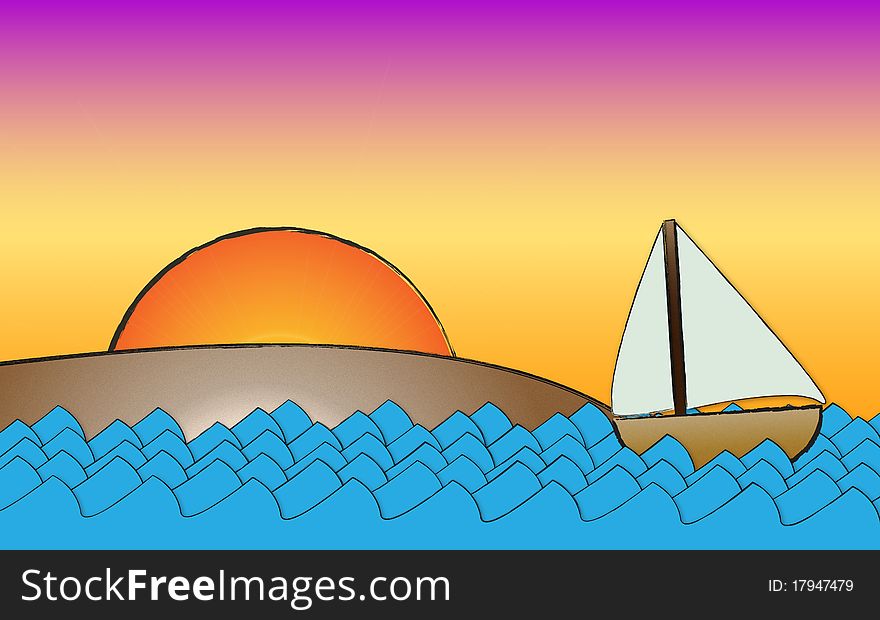 Storybook looking vector illustration of a sailboat in the ocean and a small nearby beach at dusk. Storybook looking vector illustration of a sailboat in the ocean and a small nearby beach at dusk.