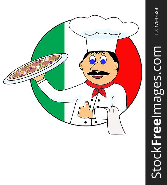 Cartoon pizza and cook on a white background