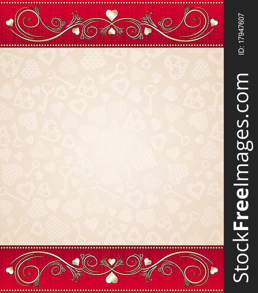 Beige valentine background with red floral border,   illustration