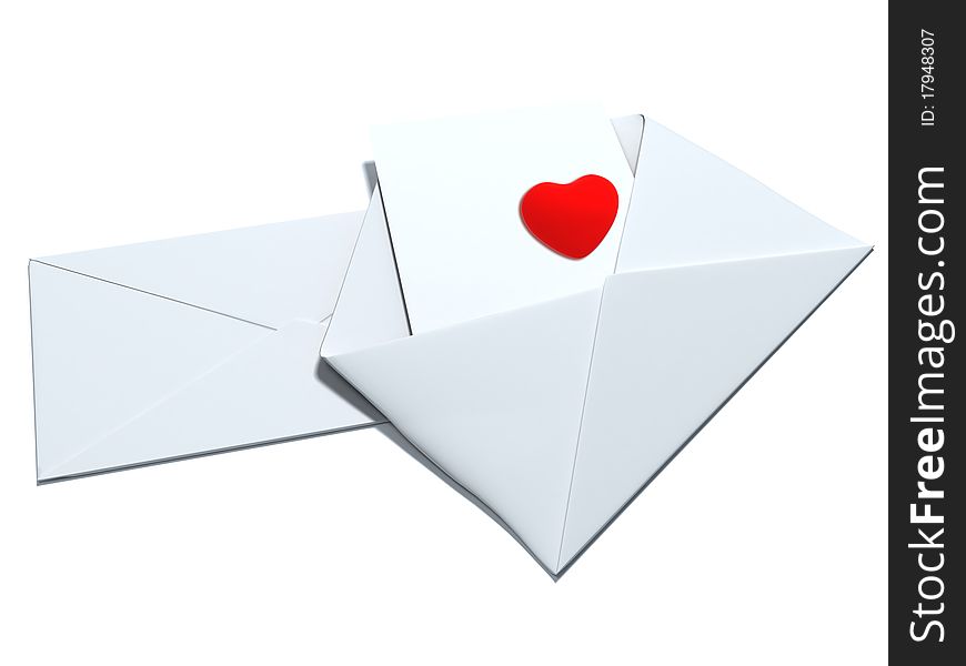 Red heart sign in the envelope isolated on white