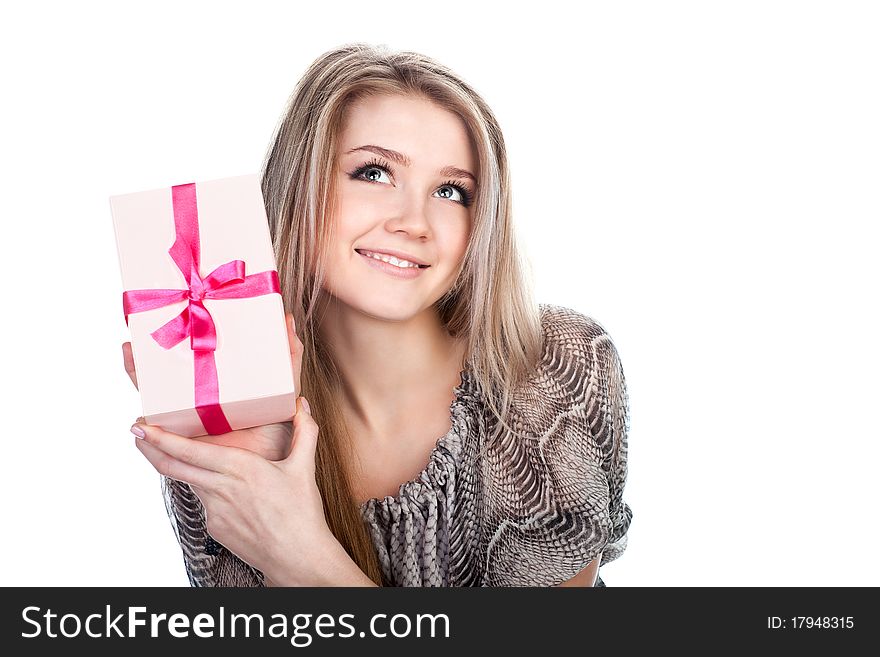 Woman with a present isolated