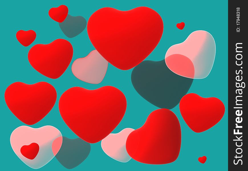Red shiny hearts on color background