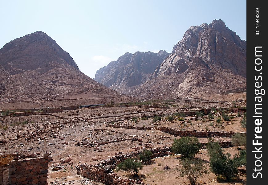 Mount Raaba and Sapsafa (left) and Katherine (behind) near bedouin willage in Sinai penisula, Egypt, St. Katherine, deserts gardens