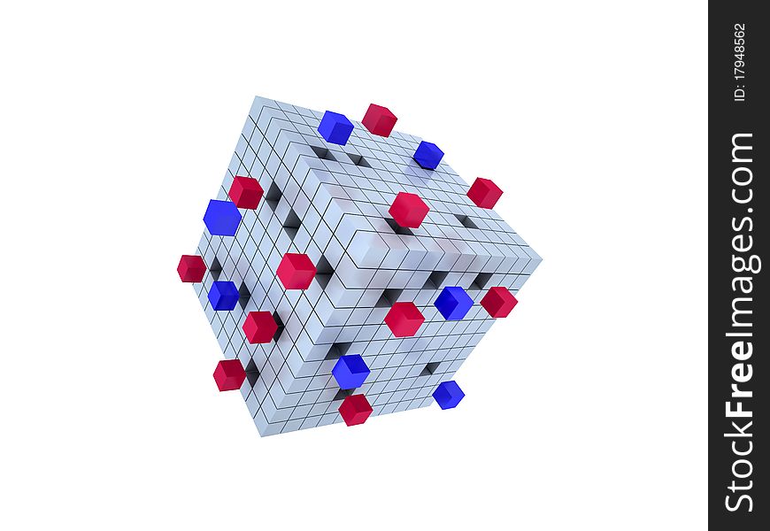 3D Blue cube with small cubes around