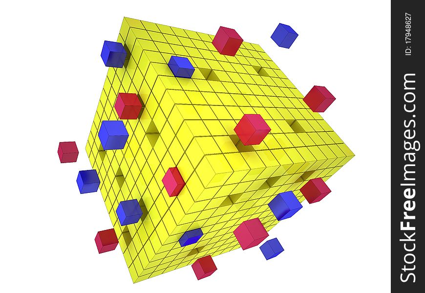 3D Yellow cube with small red and blue cubes around