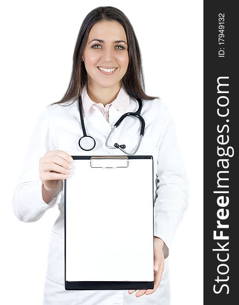 Portrait of friendly female doctor with stethoscope and clipboard. Portrait of friendly female doctor with stethoscope and clipboard.