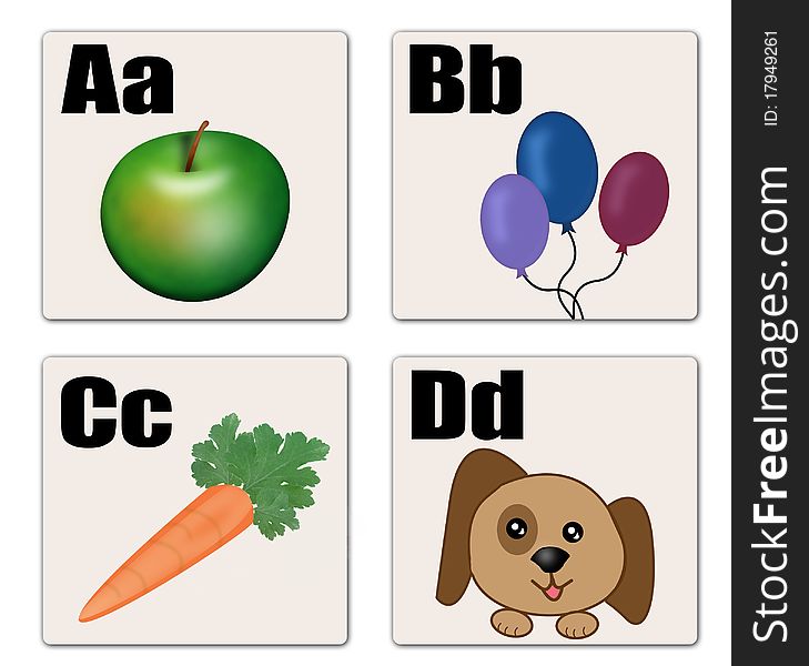 A - D alphabet cards design,  illustration