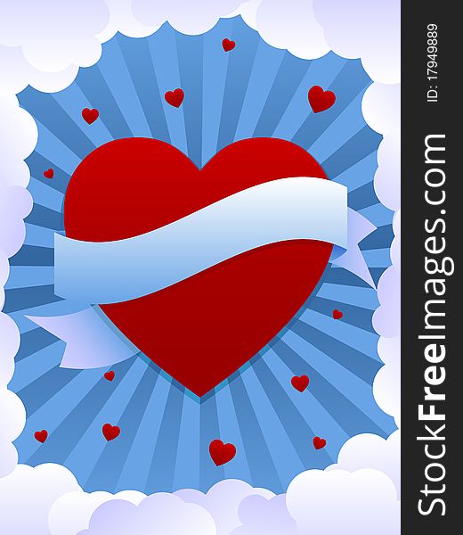 An illustration of a giant heart with cloudy blue background and wavy banner left blank for template use. An illustration of a giant heart with cloudy blue background and wavy banner left blank for template use.