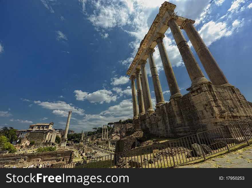 The Forum Romanum in Rome, Italy, with the ruins of several temples. The Forum Romanum in Rome, Italy, with the ruins of several temples