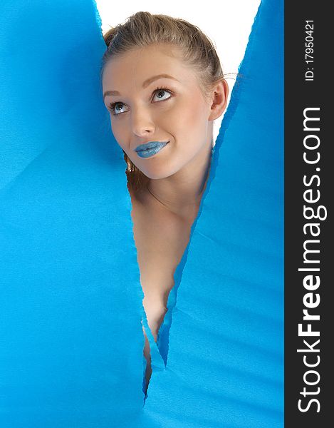 Young Woman With Blue Sheet Of Paper