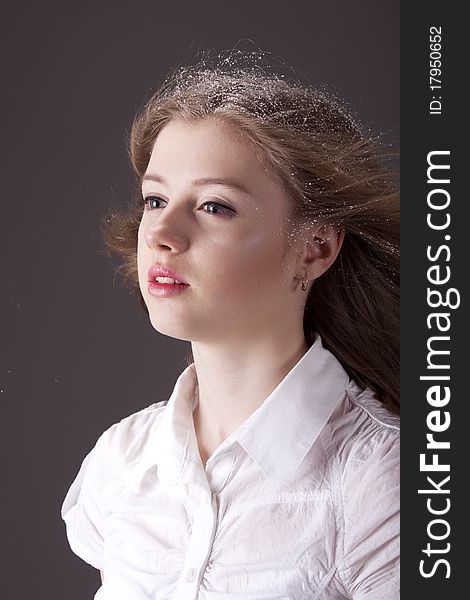 Portrait Teenage Girl With Snow In Hair