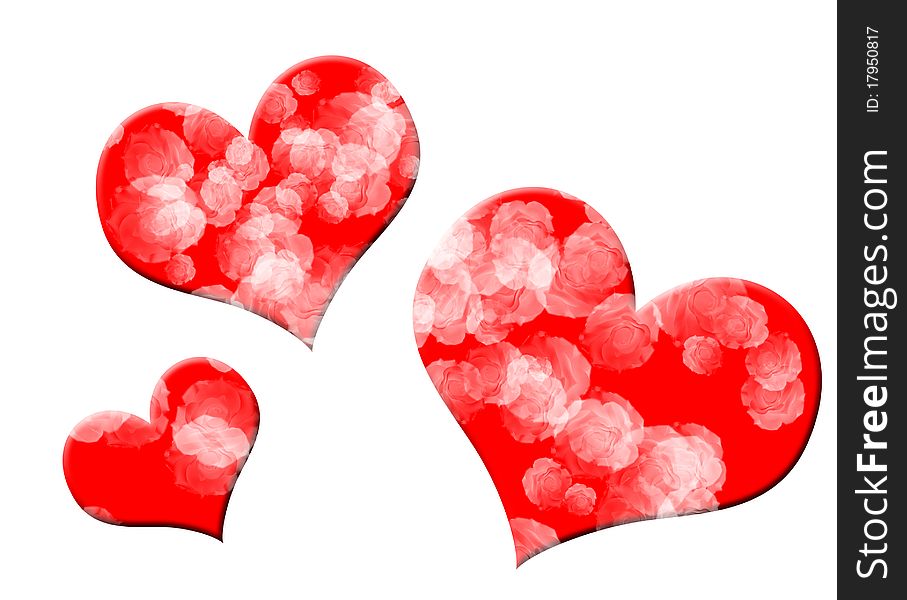 Three red hearts filled with white roses on pure white background. Three red hearts filled with white roses on pure white background