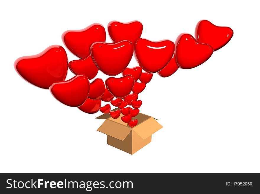 3D hearts flying out from box