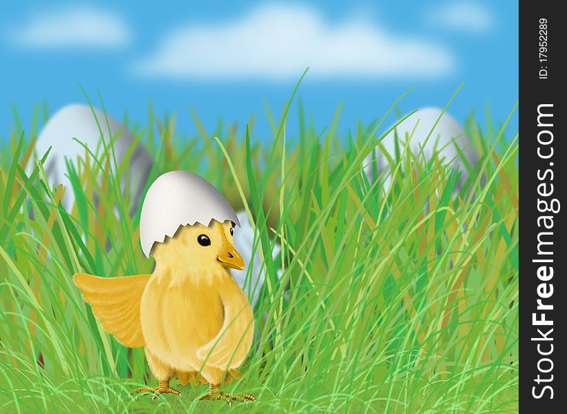 Easter Little Yellow Chick In The Grass