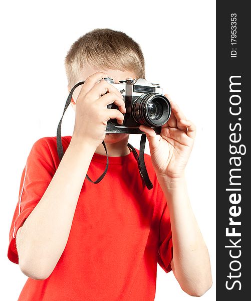 Professional photographer isolated on white. Portrait of young teenager