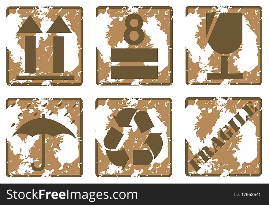 Set of grunge fragile symbol on cardboard isolated on white -