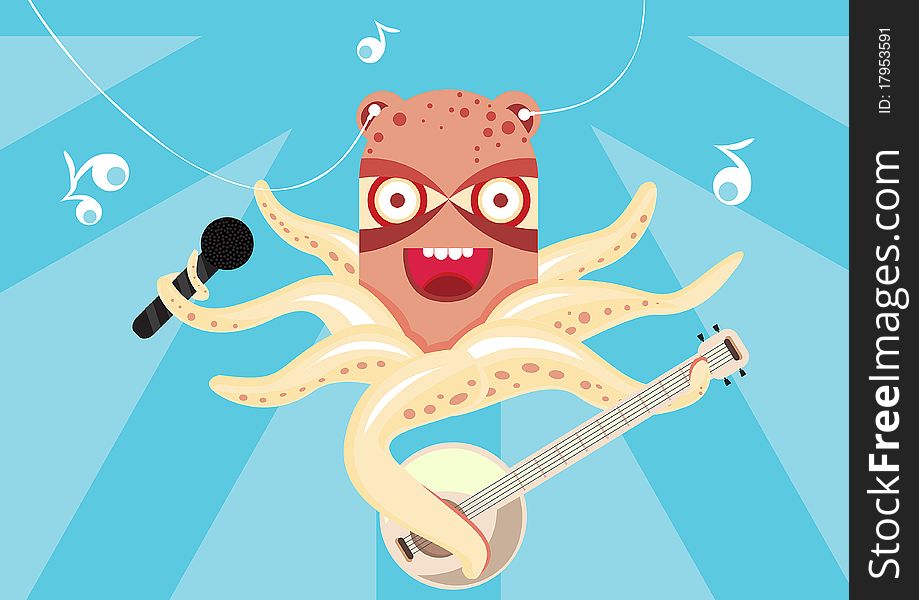 Happy octopus playing banjo in the sea with wide smile, headphones and little white tunes flowing around