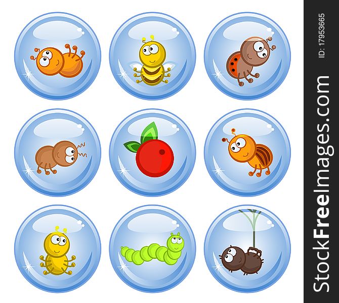 A set of buttons. Cheerful comical insects in different poses. Isolated. Icons. A set of buttons. Cheerful comical insects in different poses. Isolated. Icons.