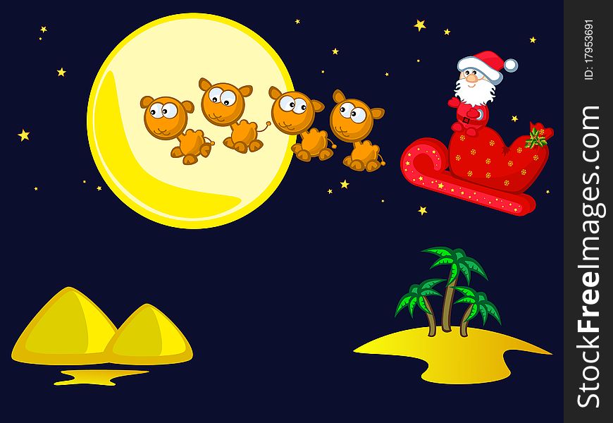 Santa Claus flies on camel cart. Night landscape, palm trees, sand, pyramids. Comics. Isolated. Santa Claus flies on camel cart. Night landscape, palm trees, sand, pyramids. Comics. Isolated.