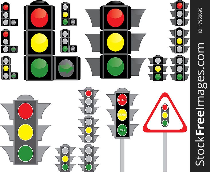 Big set of traffic light variants isolated on white background -