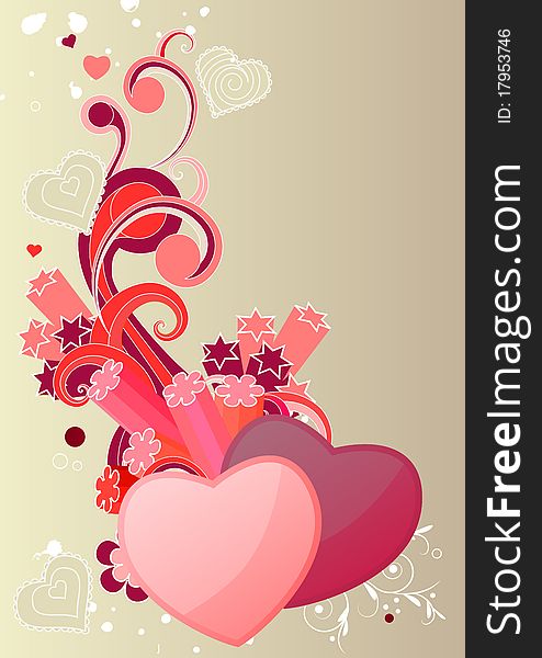 Two hearts with abstract elements on beige background