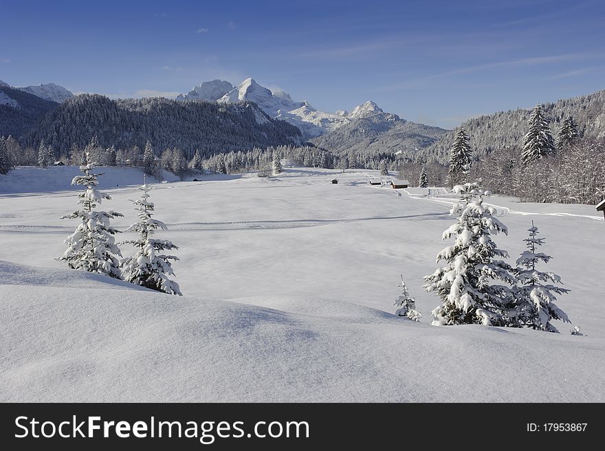 Winter landscape nearby alps mountains in upper bavaria, germany