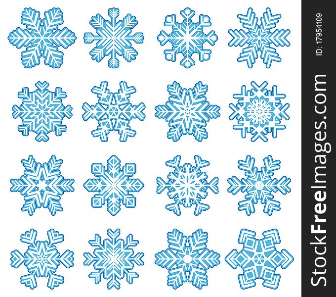 Set of 16 highly detailed snowflakes