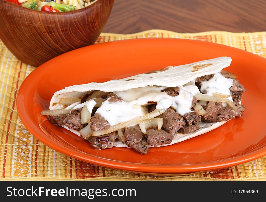 Beef pita with onions and sauce on a plate. Beef pita with onions and sauce on a plate