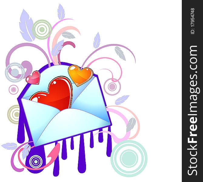 Envelope with glossy hearts, swirls, feathers or leaves and circles. Envelope with glossy hearts, swirls, feathers or leaves and circles