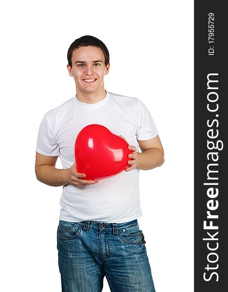 Cute young menl with a red heart over white