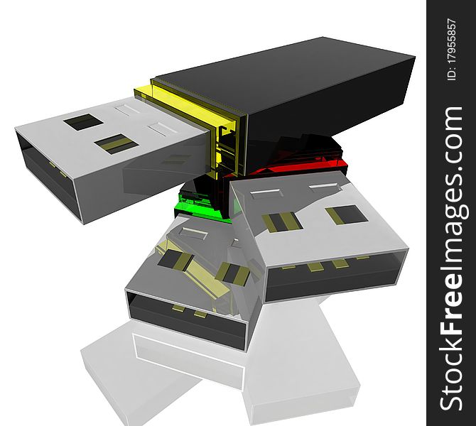 Three computer flash drives are stacked. 3d computer modeling