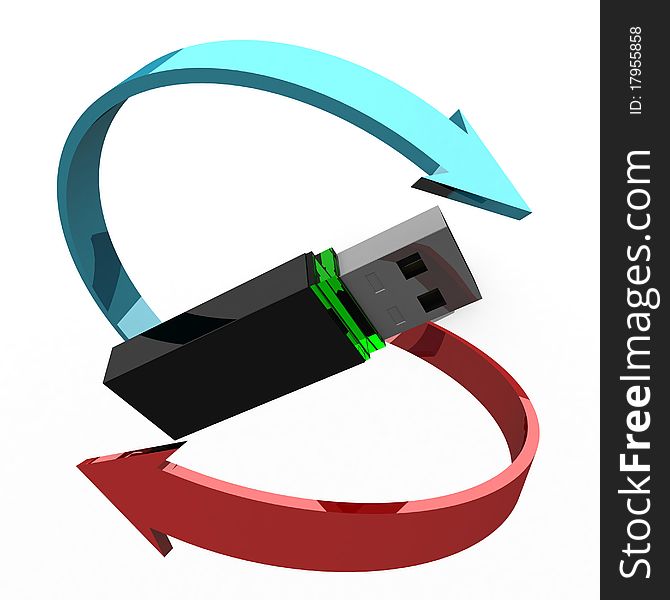 Computer flash drive around which red and blue arrows. 3d computer modeling