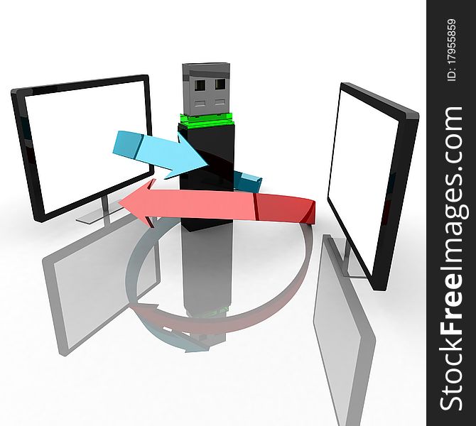 Computer flash drive around which red and blue arrows, and two televisions. 3d computer modeling