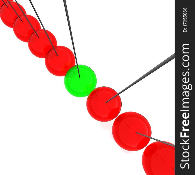 Glass, red balloons hanging from a rope, one of which is green. 3d computer modeling