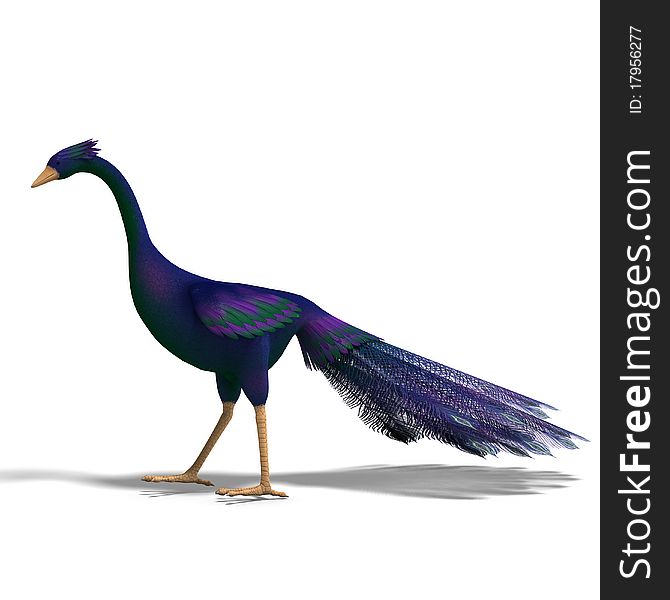 Blue fantasy bird with beautiful feathers. 3D rendering with clipping path and shadow over white