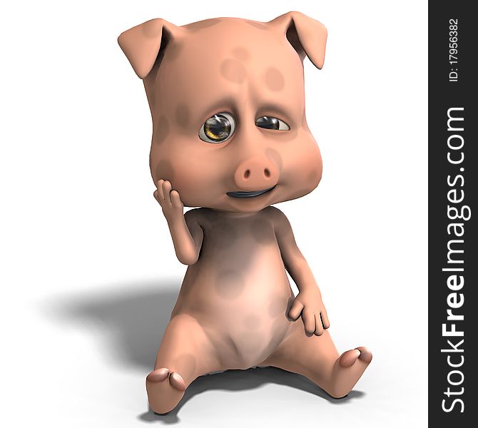 Cute and funny cartoon pig. 3D rendering with clipping path and shadow over white