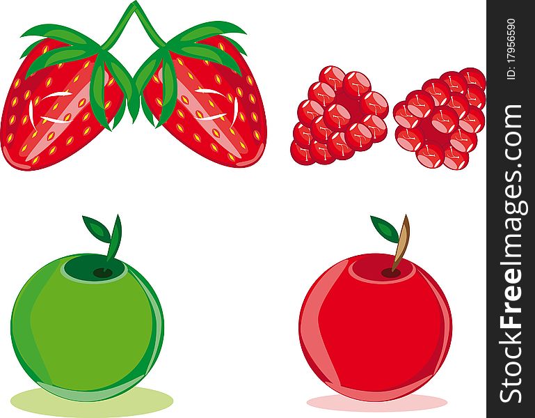 Apple, strawberry and raspberry on the isolated background. Illustration.