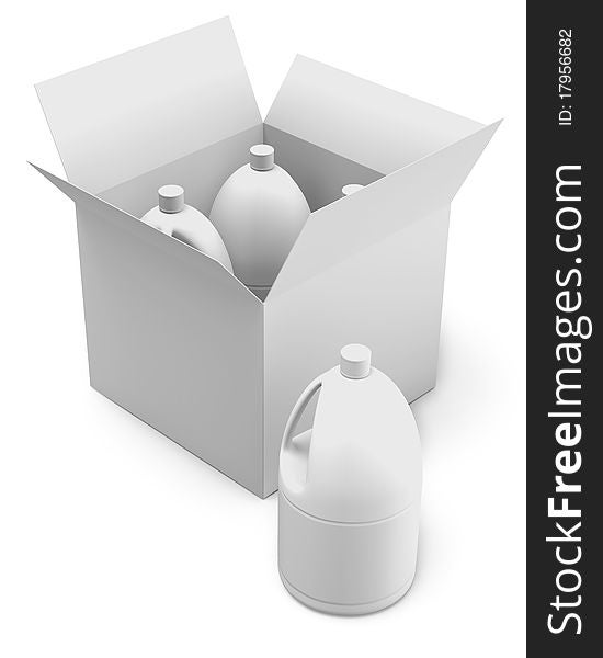 Cardboard box with plastic bottles as white on white theme