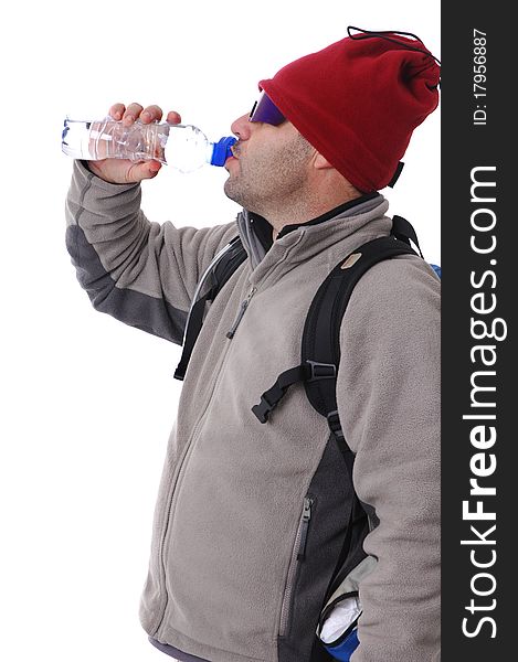 Hiker drinking water (studio shot isolated on white background)