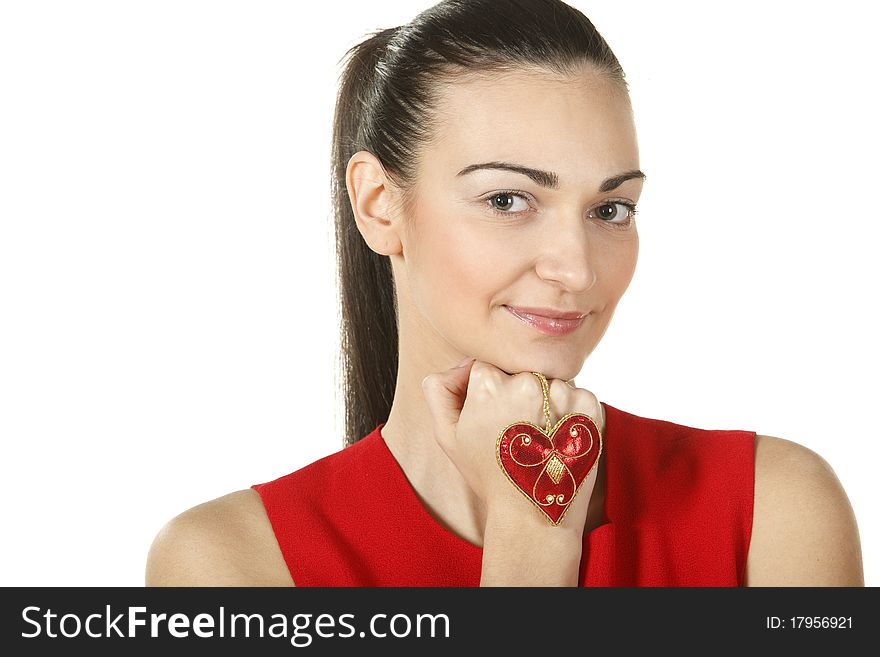 Portrait of young elegant female in red dress holding heart shape isolated on white. Portrait of young elegant female in red dress holding heart shape isolated on white