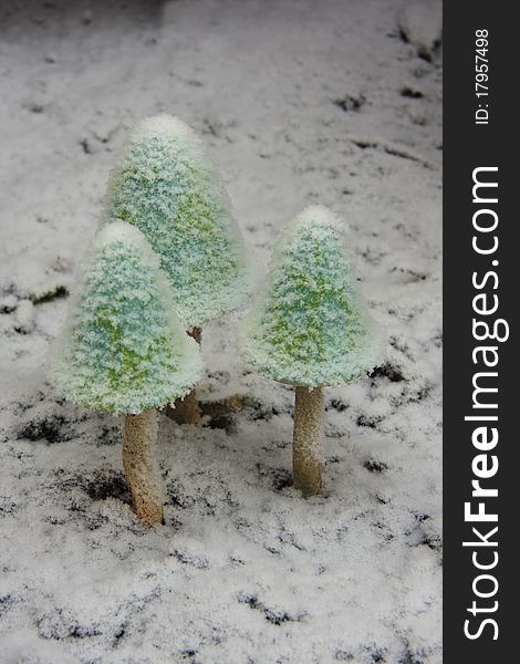 Ceramic mushrooms in the snow