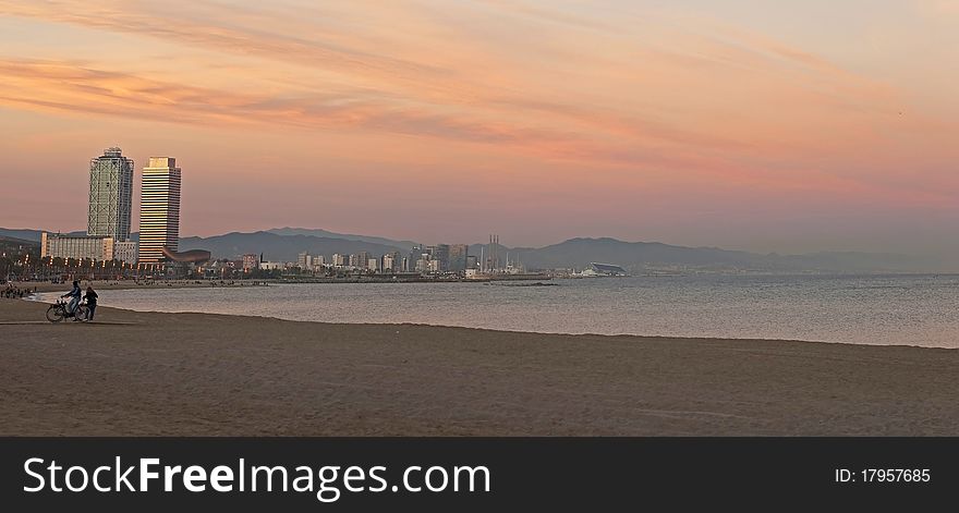 Barcelona beach and coast in sunset. Barcelona beach and coast in sunset