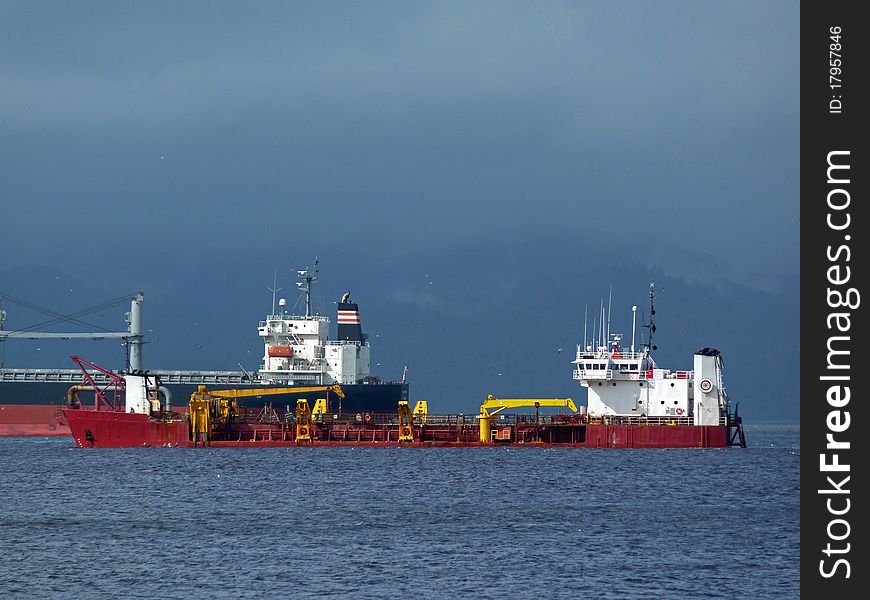 Two ocean-going ships on the Columbia River