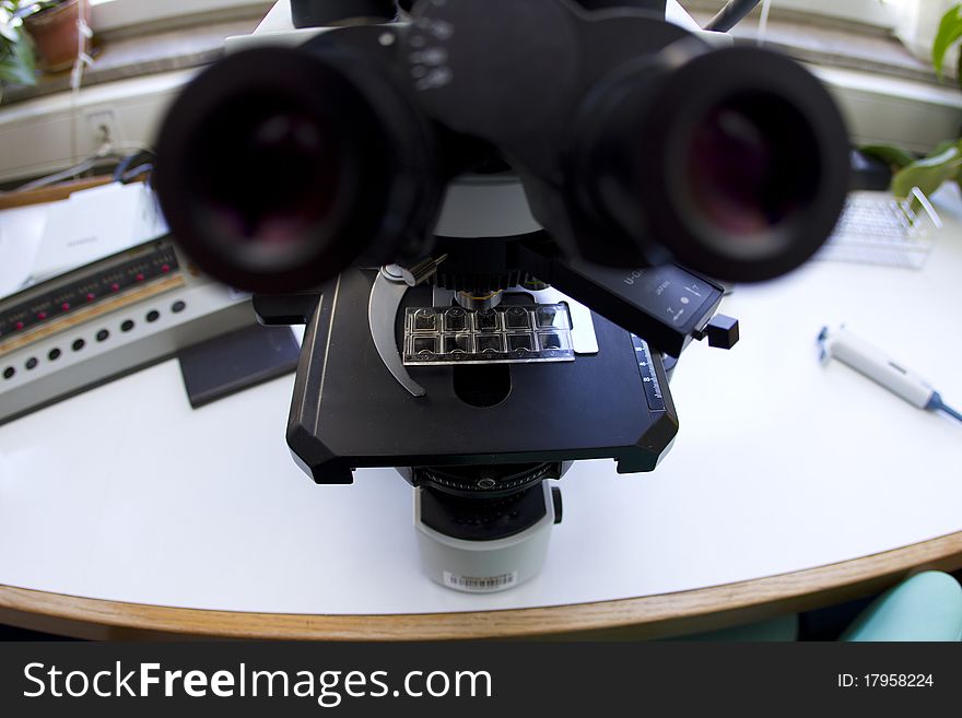 Medical microscope in hospital laboratory